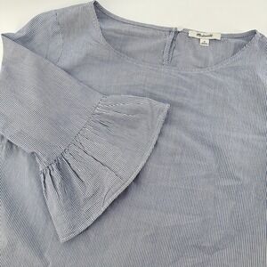 Madewell Women's M Striped Top White Blue Half Bell Flutter Sleeve Blouse‎